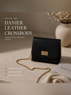 Danier Black Leather Crossbody with Gold Chain Detail